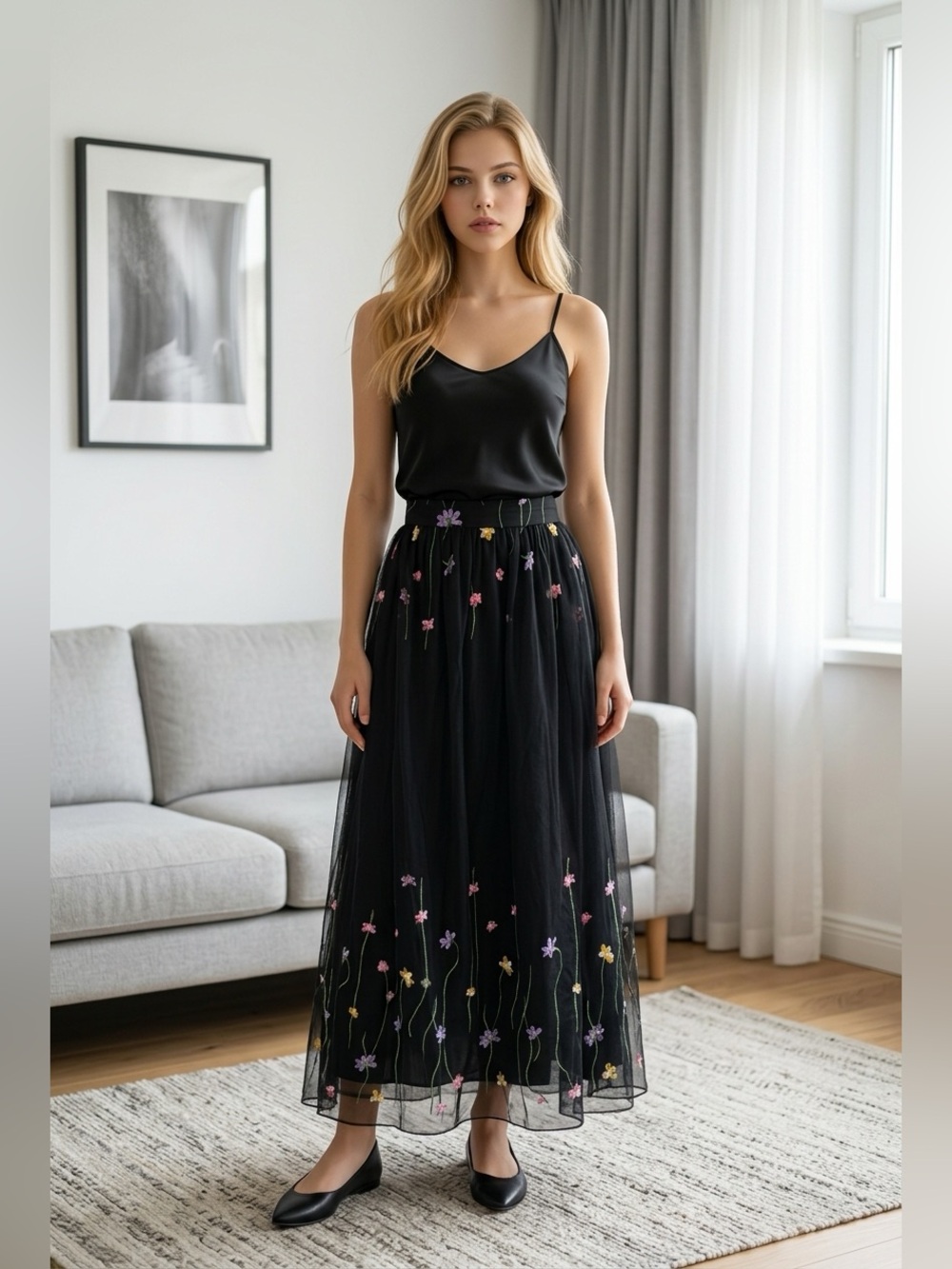 Chetta B Vintage Black Maxi Skirt with Pastel Floral Embroidery size 2 - Picture 2 of 10